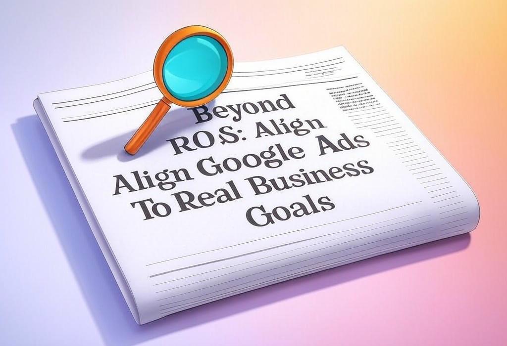 A newspaper and a magnifying glass with a vivid gradient background exploring the topic of Is ROAS holding your Google Ads back? Learn the simple steps to connect your campaigns to actual business growth and achieve your real goals.